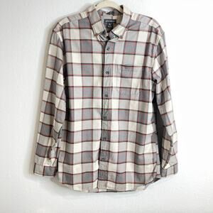 Eddie Bauer Plaid Button-Up Shirt Mens Medium Gray Tan Long Sleeve Cotton Casual